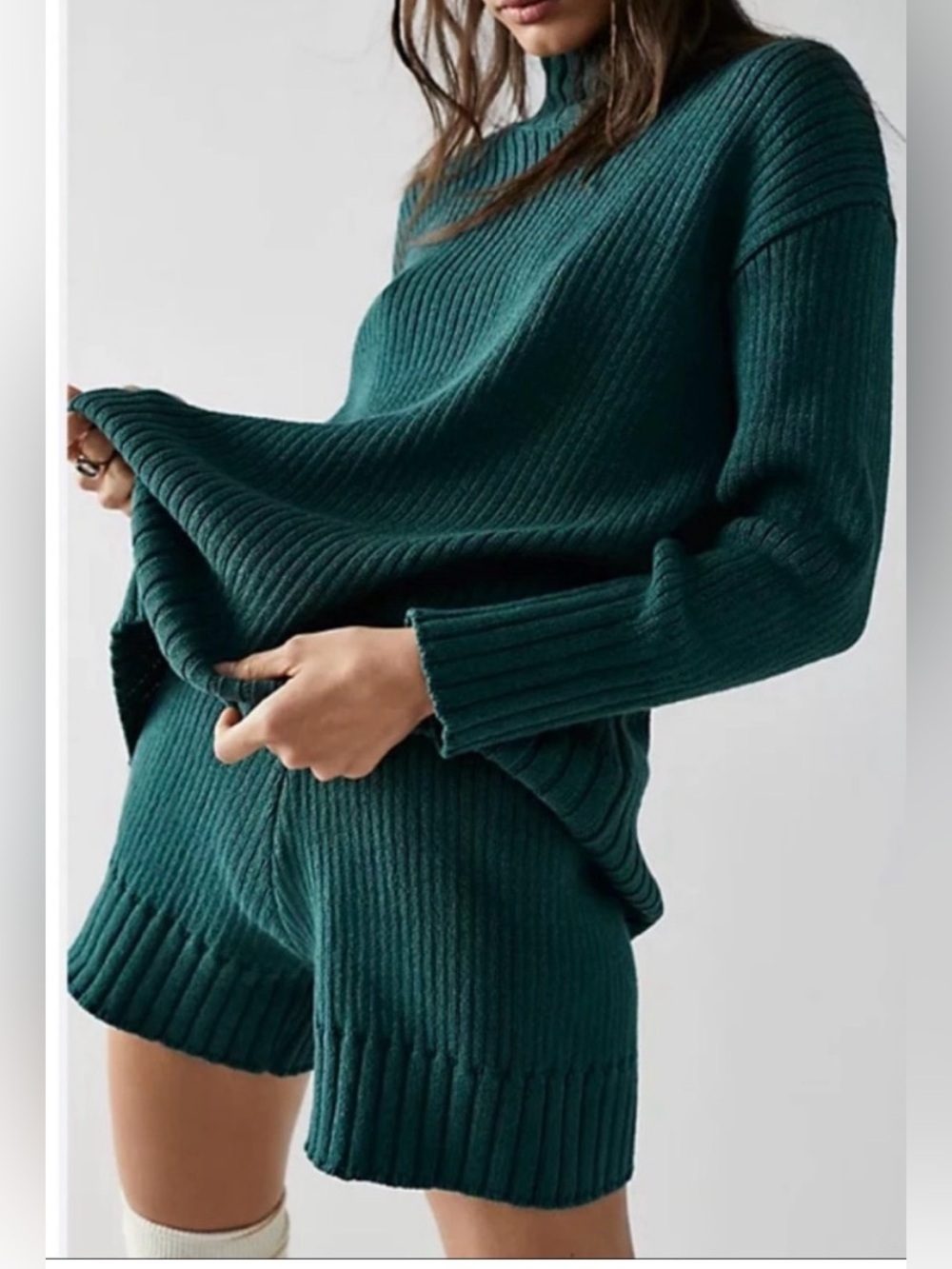 Free People FP Beach Trez Sweater Set Green Two Piece Mock Neck Shorts Set